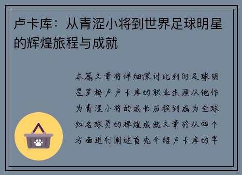 卢卡库：从青涩小将到世界足球明星的辉煌旅程与成就